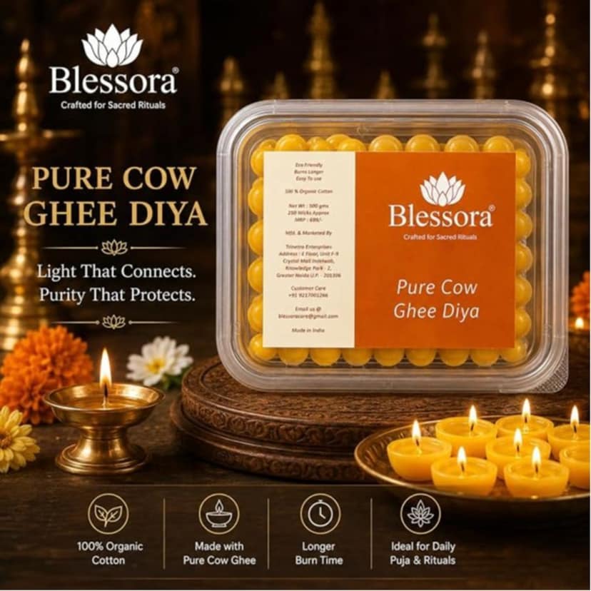 Pure Ghee Cotton Wicks Diya Batti - Ready Ghee Diyas for Pooja | Long Lasting Aarti Use | Temple Daily Worship (250 Pieces) view 5
