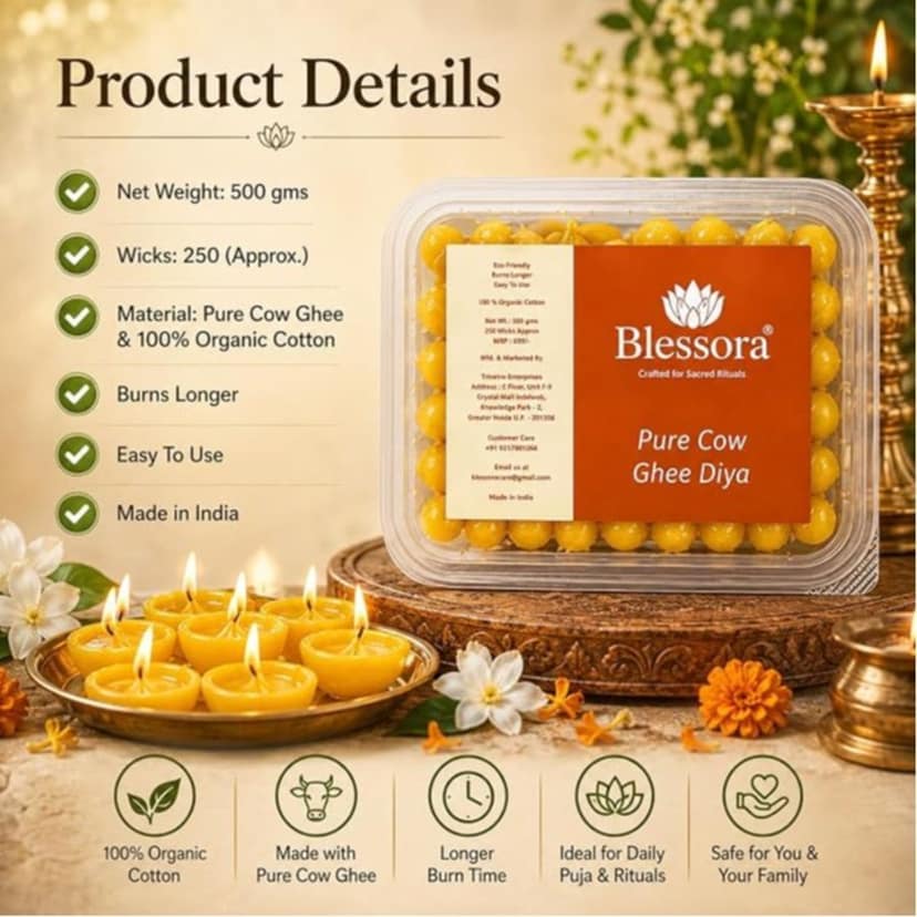 Pure Ghee Cotton Wicks Diya Batti - Ready Ghee Diyas for Pooja | Long Lasting Aarti Use | Temple Daily Worship (250 Pieces) view 6