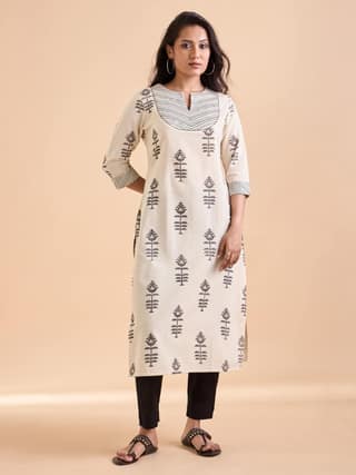 Ivory And Black Cotton Flax Printed Kurti With Embroidery