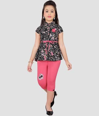 Cherry Tree Pack of 1 Girls Cotton Blend Top With Capris ( Black )