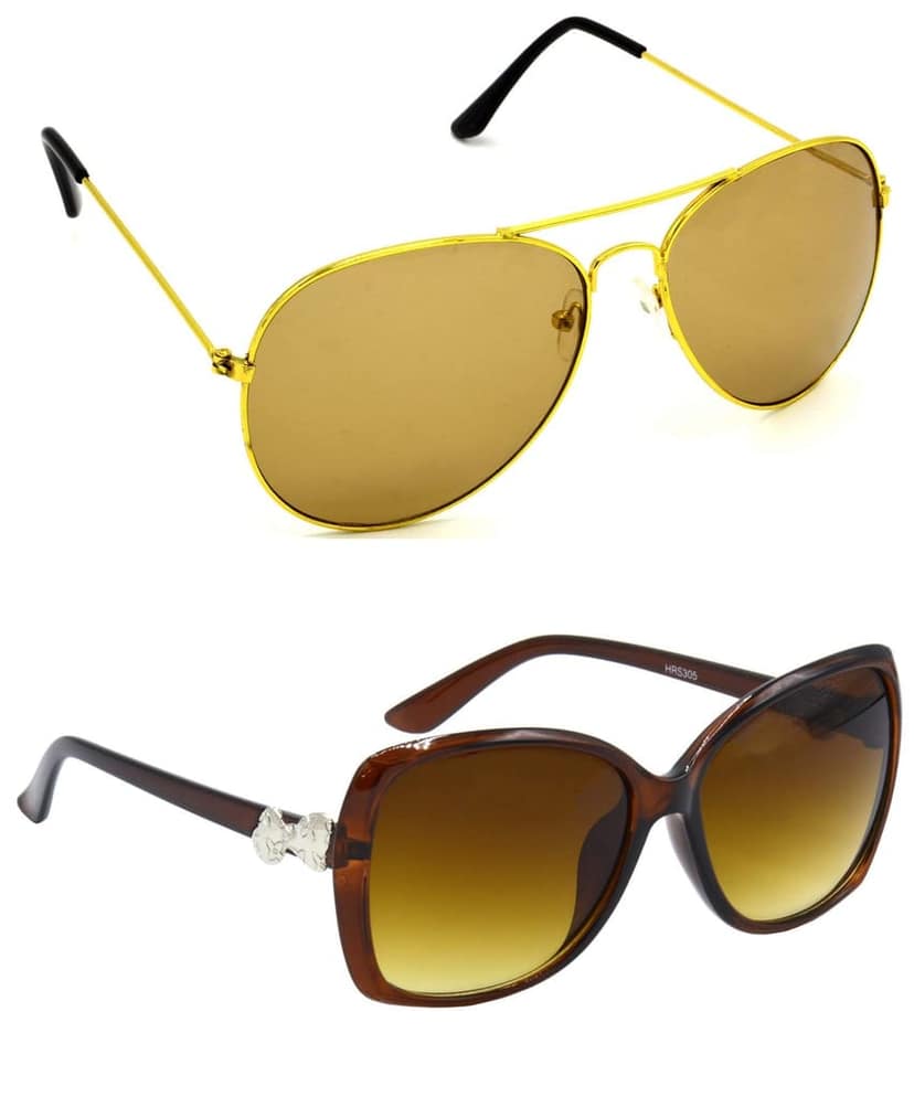 HRINKAR Unisex Pilot Sunglasses Golden & Brown Frame, Brown & Clear Lens (Medium) - Pack of 2