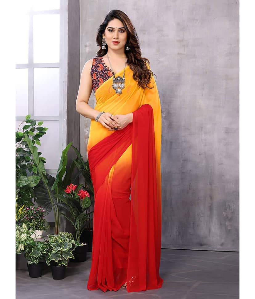 BLEESBURY Georgette Dyed Pashmina Saree With Unstitched Blouse Piece ( Red )