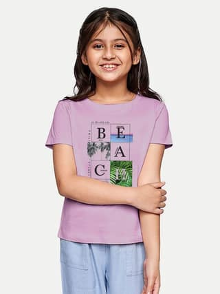 Girls Violet Printed Crew Neck T-shirt