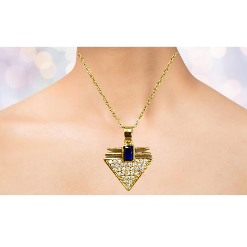 Gold-plated Triangle Pendant Necklace with Blue Center Stone view 4