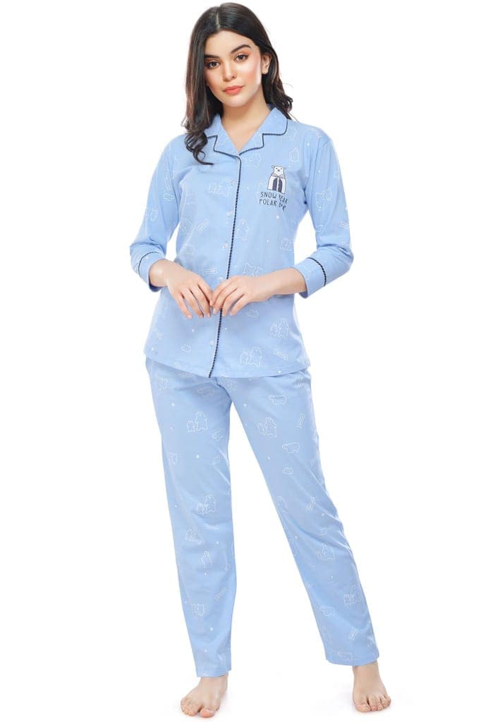 ZEYO Women's Cotton Blue Bear Printed Stylish Night suit set view 5
