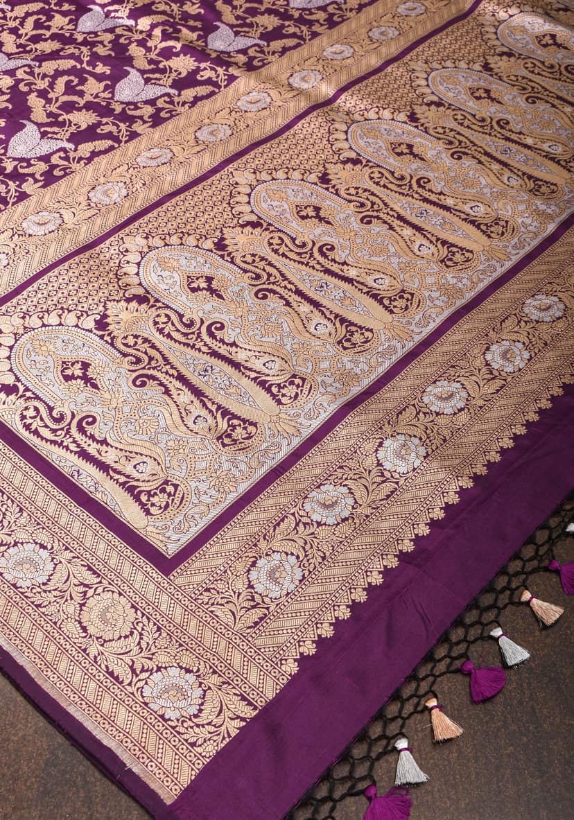 Exquisite Paisley Motif Alfi Jaal Brocade Banarasi Katan Silk Saree in Plum | SILK MARK CERTIFIED view 2