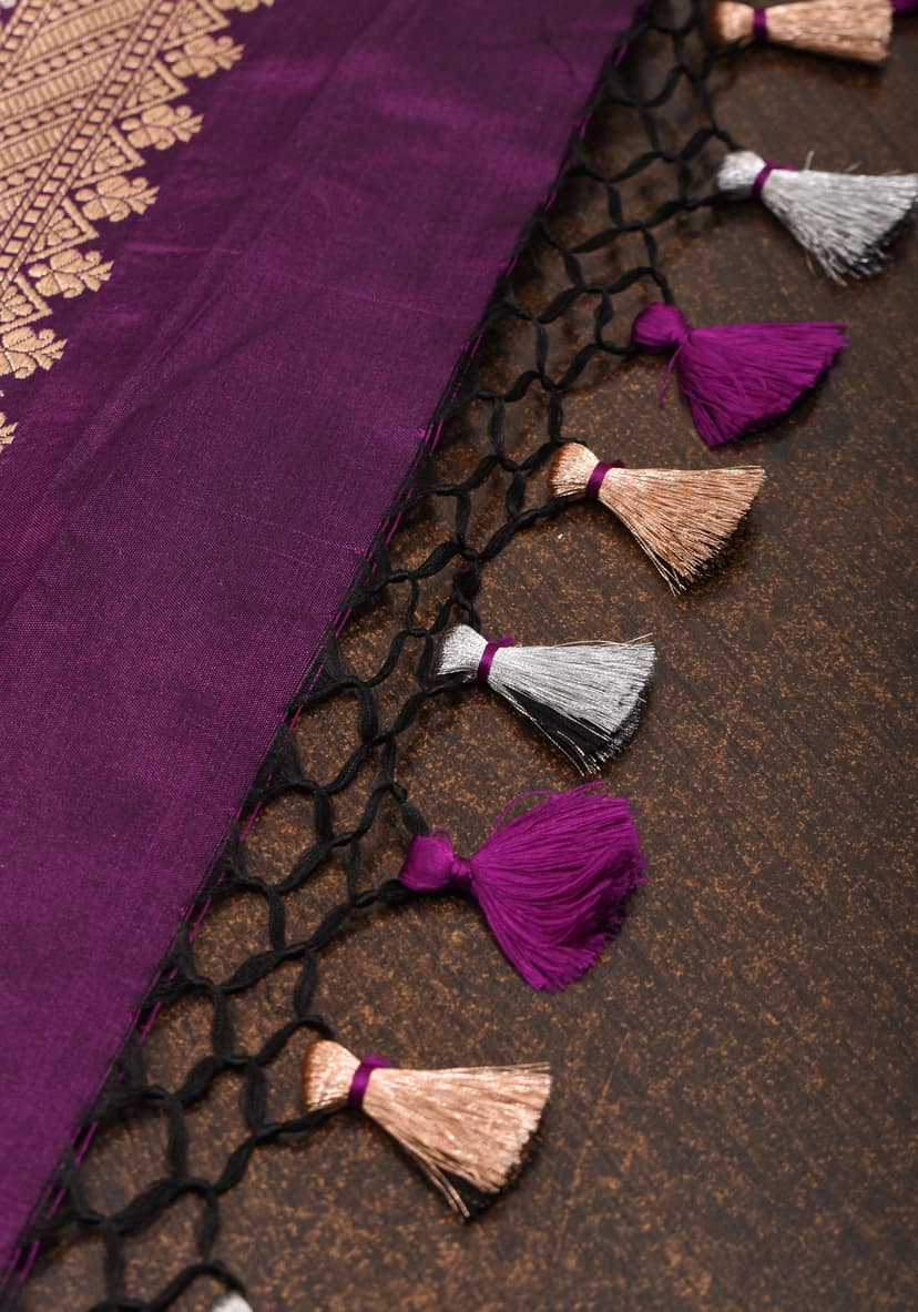 Exquisite Paisley Motif Alfi Jaal Brocade Banarasi Katan Silk Saree in Plum | SILK MARK CERTIFIED view 4