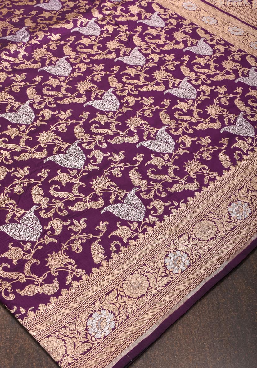Exquisite Paisley Motif Alfi Jaal Brocade Banarasi Katan Silk Saree in Plum | SILK MARK CERTIFIED view 5