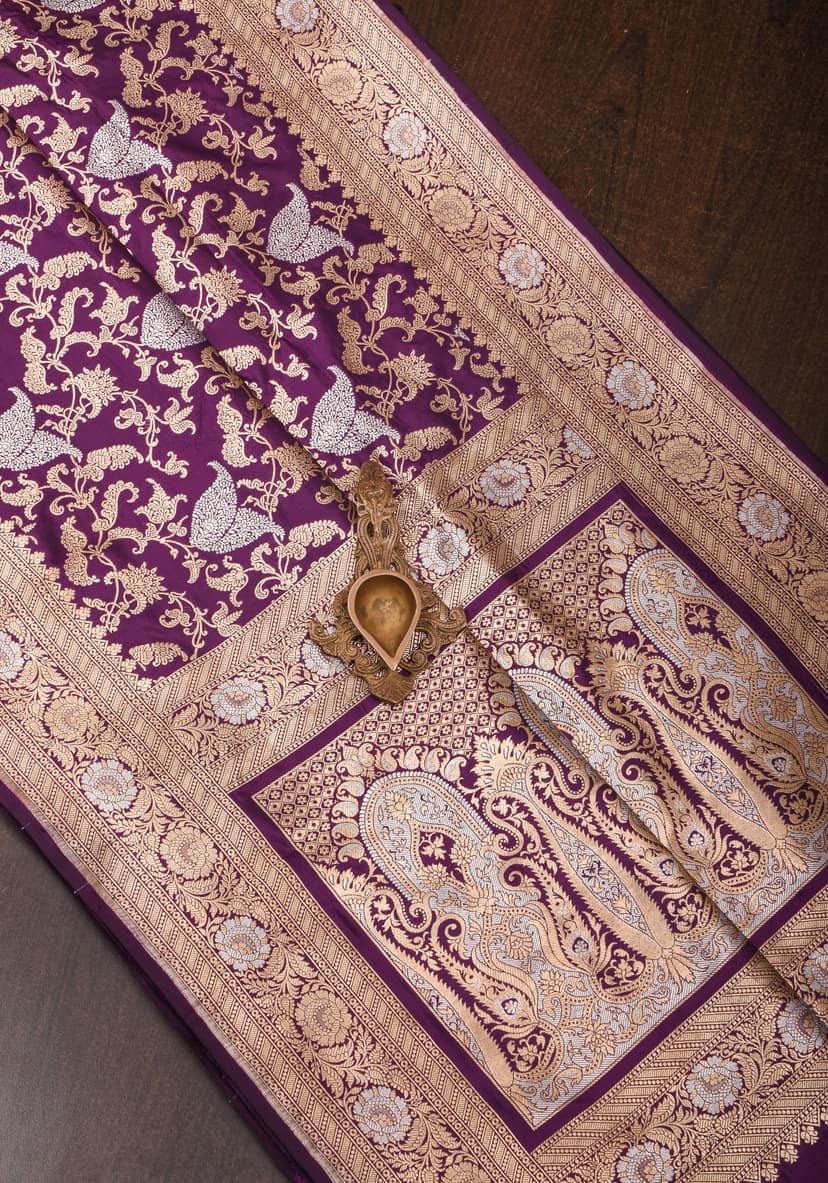 Exquisite Paisley Motif Alfi Jaal Brocade Banarasi Katan Silk Saree in Plum | SILK MARK CERTIFIED view 7