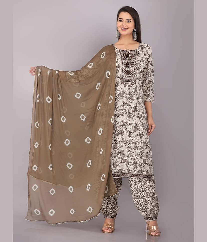 HIGHLIGHT FASHION EXPORT - Beige Straight Cotton Women's Stitched Salwar Suit ( Pack of 1 )