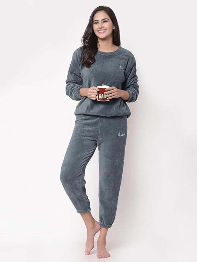 Ukal Women Winter Nightsuit Ladies Fur Nightwear Warm Night Suit for Girls Night Dress Pyjama Set Women's Full Sleeve Top and Pajama Pants Regular Fit Round Neck Pyjama Set view 3