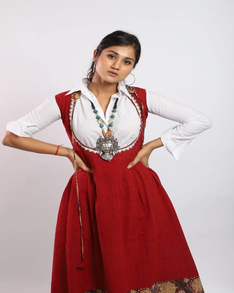 Red Long Frock Style Handwoven Cotton Kurti With Kalamkari view 5