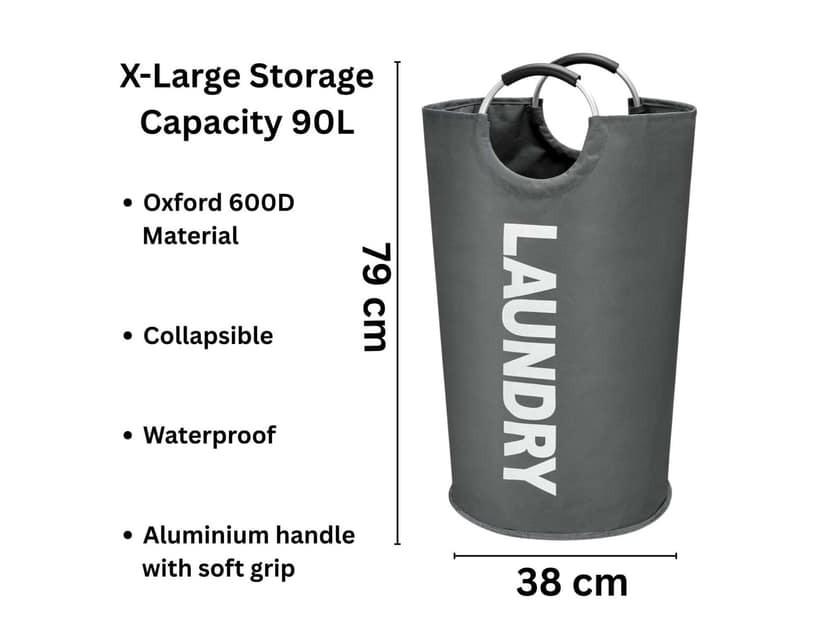 Homeness XL Laundry Basket 90L, Collapsible Hamper with Aluminium Handles, Water-Resistant Oxford Cloth Bag, Foldable Clothes Bin, 79x38cm - Dark Grey view 2