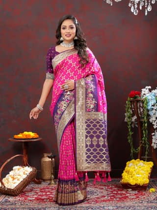 Yavira silk Women's Pink Handwoven Silk Saree