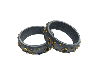 Grey Silk Thread Bangles with Gold Embellishments & Green Crystals