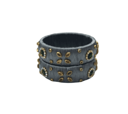 Grey Silk Thread Bangles with Gold Embellishments & Green Crystals view 2