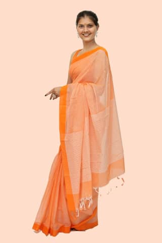 Trendy Cotton Checkerd handloom Saree with Tassels – Orange