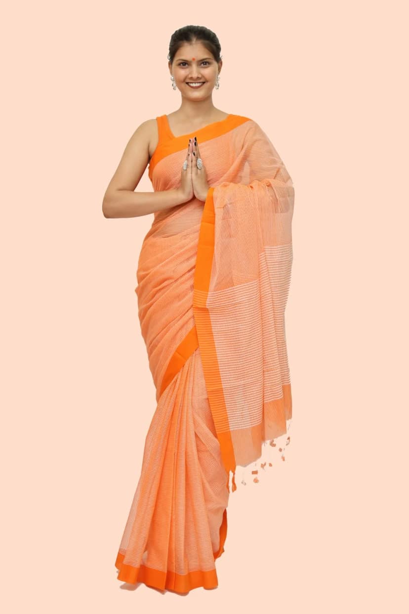 Trendy Cotton Checkerd handloom Saree with Tassels – Orange view 3