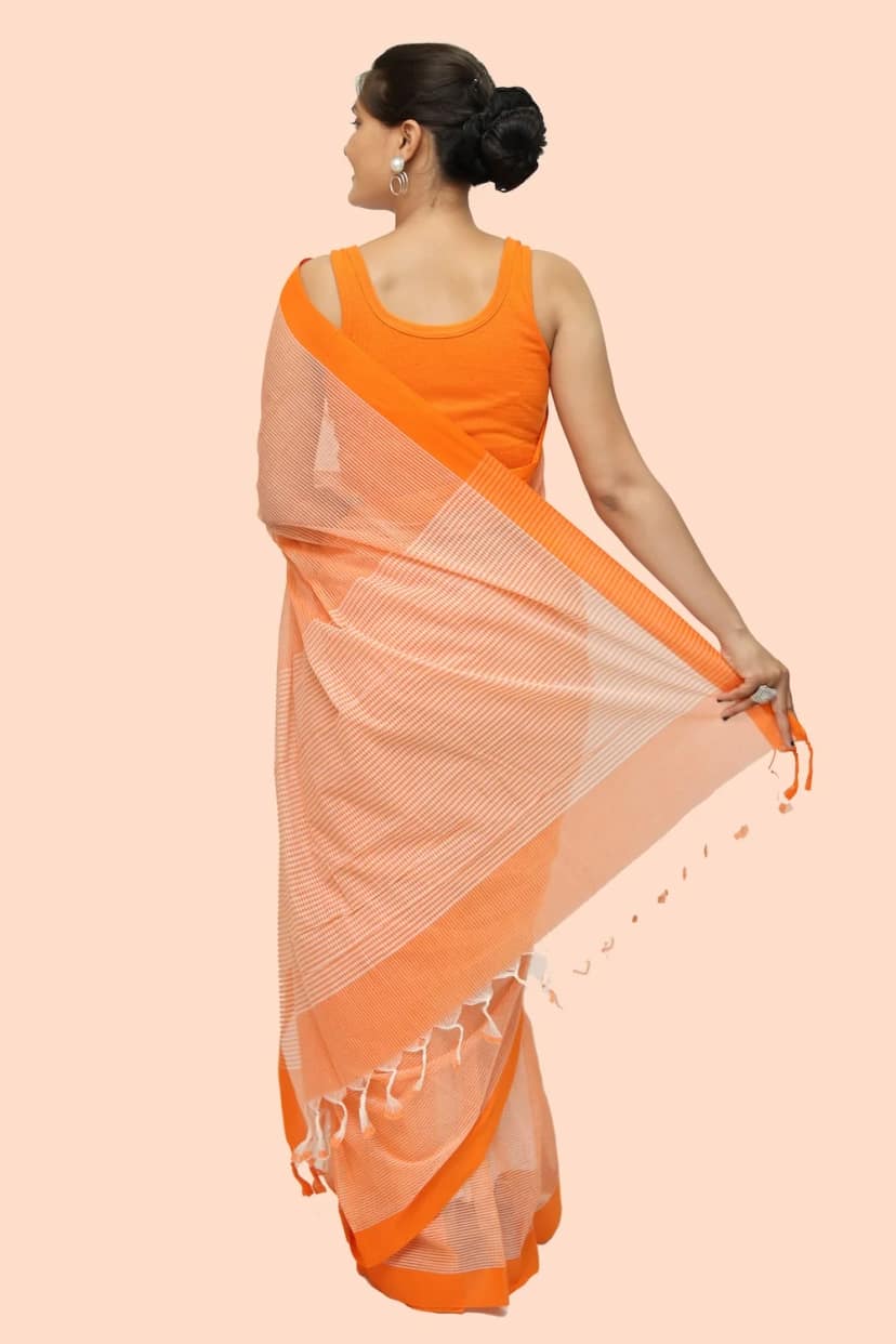 Trendy Cotton Checkerd handloom Saree with Tassels – Orange view 4