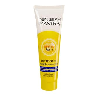 Nourish Mantra Ray Rescue Sunscreen/ Sunscreen SPF 50/ Formulated With Hyaluronic Acid Aquaxyl Aloe Vera Extracts & Ashwagandha Extracts/ No White Cast/ For Both Men & Women - (30ml)