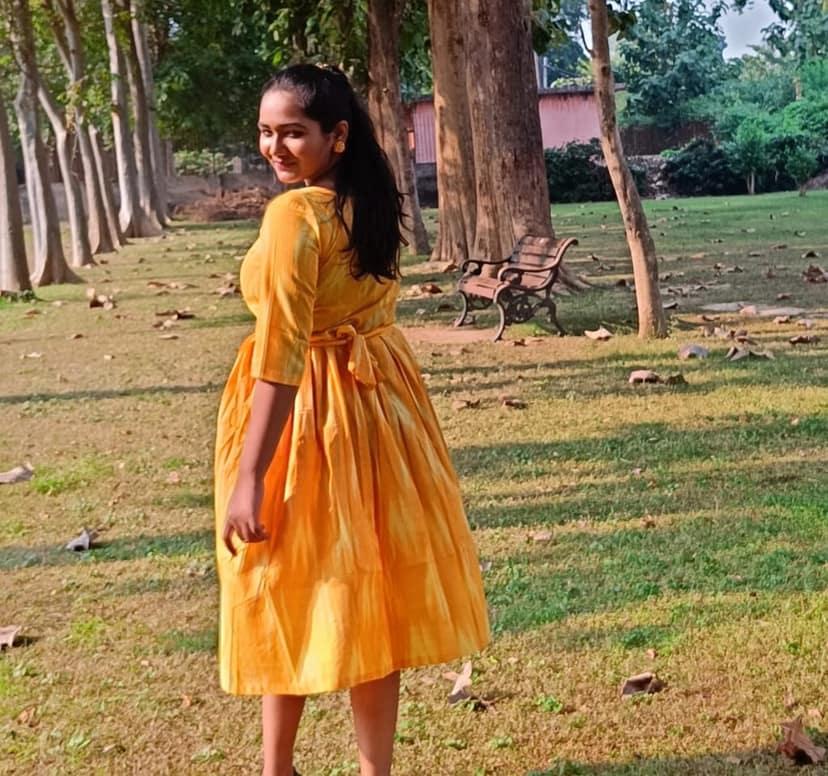 Pure Cotton Ikkat Dress Buddha Gold Yellow (Size XXS(32) to Plus Size(56))-5851 view 3
