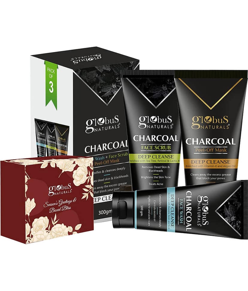 Globus Naturals Charcoal Trio Kit Face Scrub, Peel Off, Face Wash, 300 gm with Chocolate Box view 2