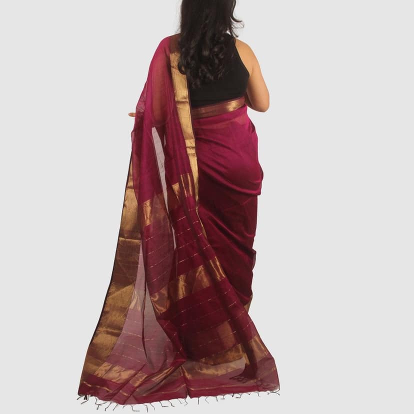 Elegant Wine Maroon Maheshwari Handloom Silk Cotton Saree with Gold Zari Border view 2