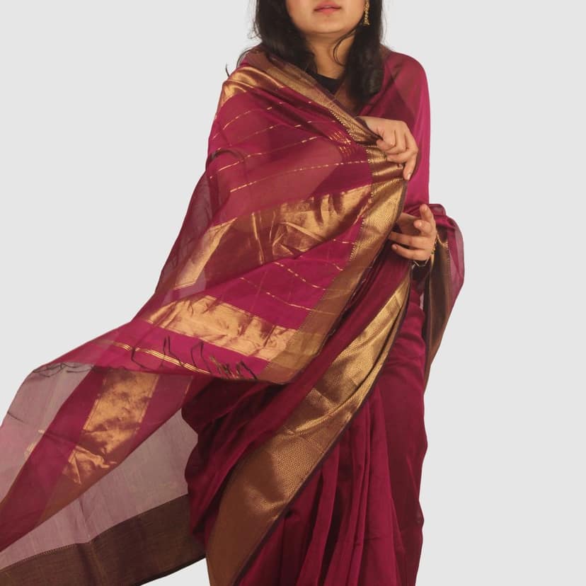 Elegant Wine Maroon Maheshwari Handloom Silk Cotton Saree with Gold Zari Border view 5