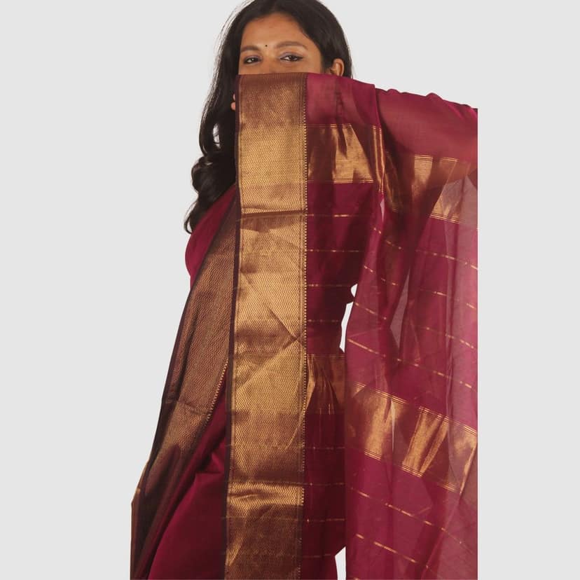 Elegant Wine Maroon Maheshwari Handloom Silk Cotton Saree with Gold Zari Border view 6