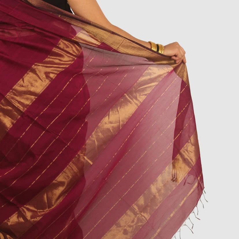 Elegant Wine Maroon Maheshwari Handloom Silk Cotton Saree with Gold Zari Border view 7