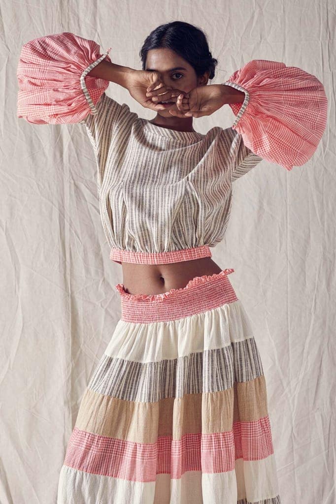 Fluted Sleeve Crop Top In Striped Organic Cotton And Red Checks Cotton Khadi Mulmul view 2