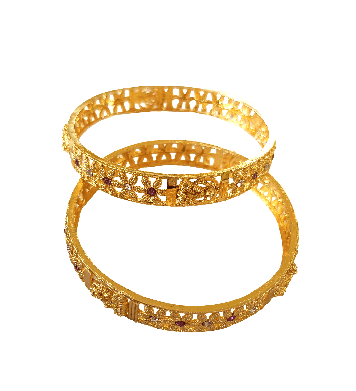 Elegant Gold-Toned Floral Cutwork Bangles with Ruby & White Stones view 3