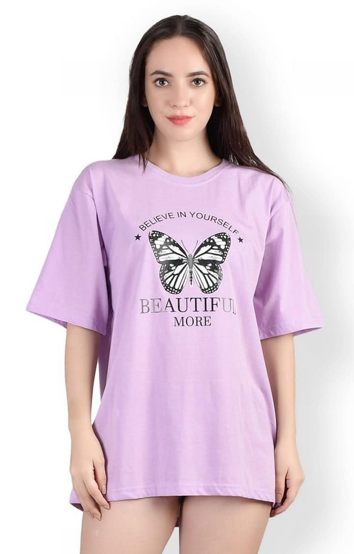 Stylish Butterfly : Quirky Printed Oversized Women's Tees In Mauve Color