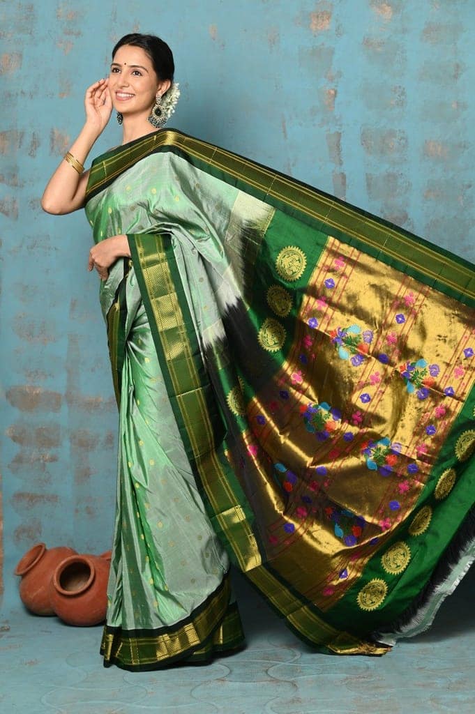 Tyohaar ~ Exclusive Handloom Pure Silk Maharani Paithani With Contrast Pallu ~ Pista Green view 2
