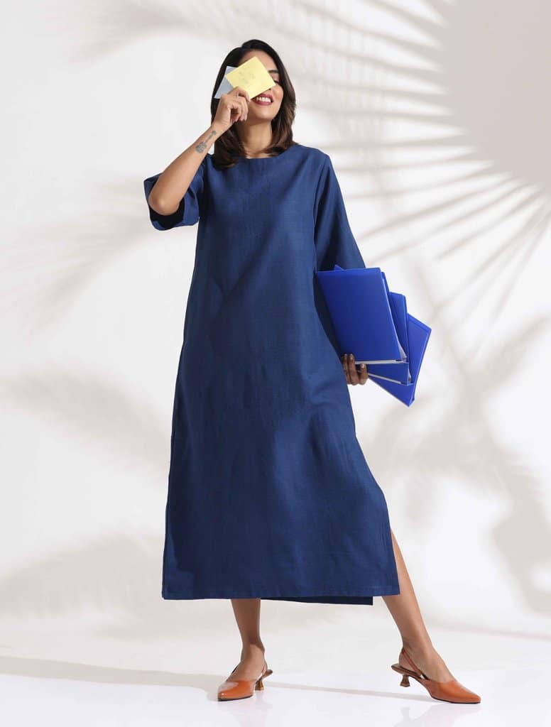 trueBrowns Blue Slub Dress - Blue (M)