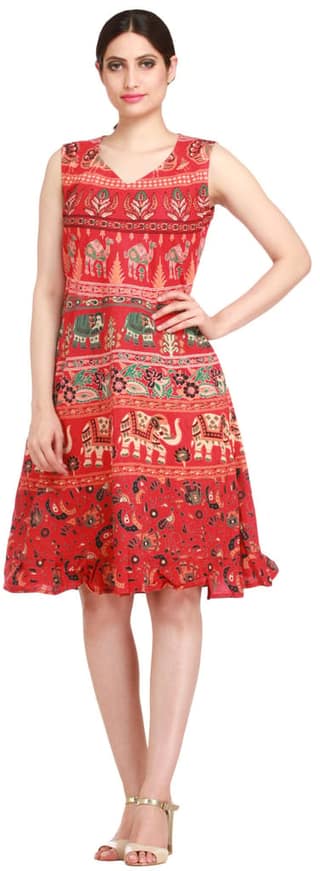 Poinsettia-Red Summer Dress from Pilkhuwa with Printed Elephants and Camels