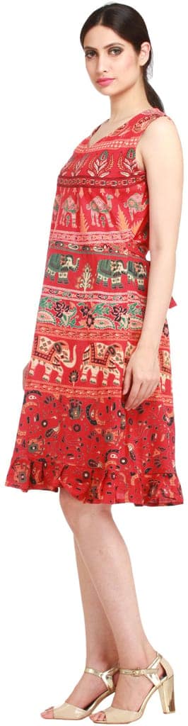 Poinsettia-Red Summer Dress from Pilkhuwa with Printed Elephants and Camels view 3