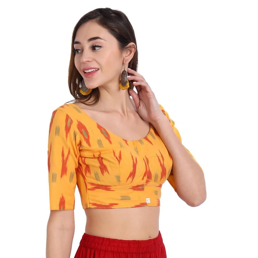 Ikkat Normal Cotton Elbow Length Sleeve Blouse, Yellow view 2