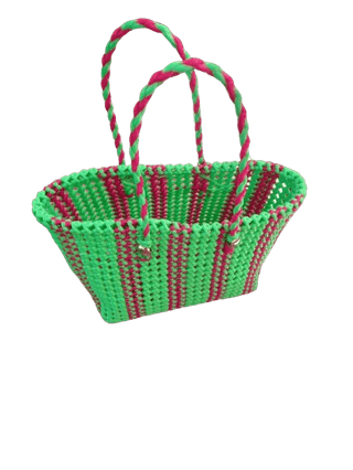 Handwoven Striped Plastic Market Basket with Double Handles