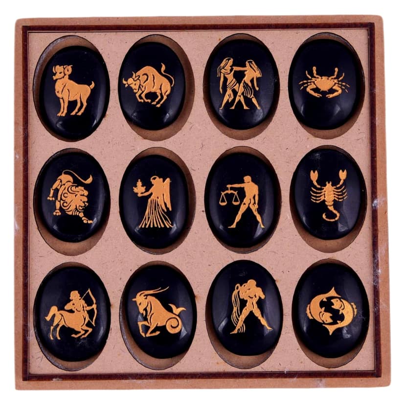 Black Agate Zodiac or Horoscope Symbols Engraved Stones (Set of 12) for Reiki Healing Balancing and Meditation(KI_06) by Krishna Impex