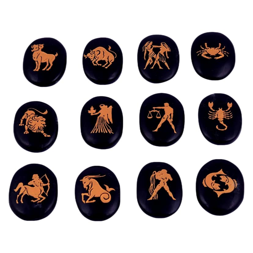Black Agate Zodiac or Horoscope Symbols Engraved Stones (Set of 12) for Reiki Healing Balancing and Meditation(KI_06) by Krishna Impex view 2