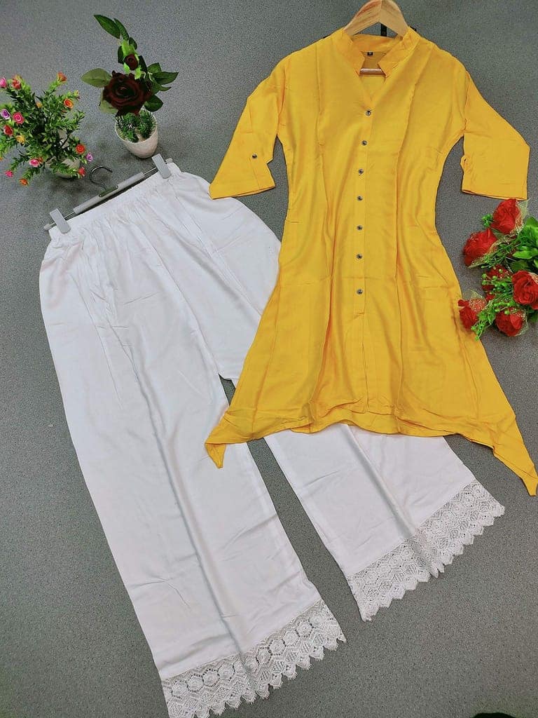 Buy & Try Women's Rayon Kurti with Crep Palazo (Medium, Baby Pink) view 3