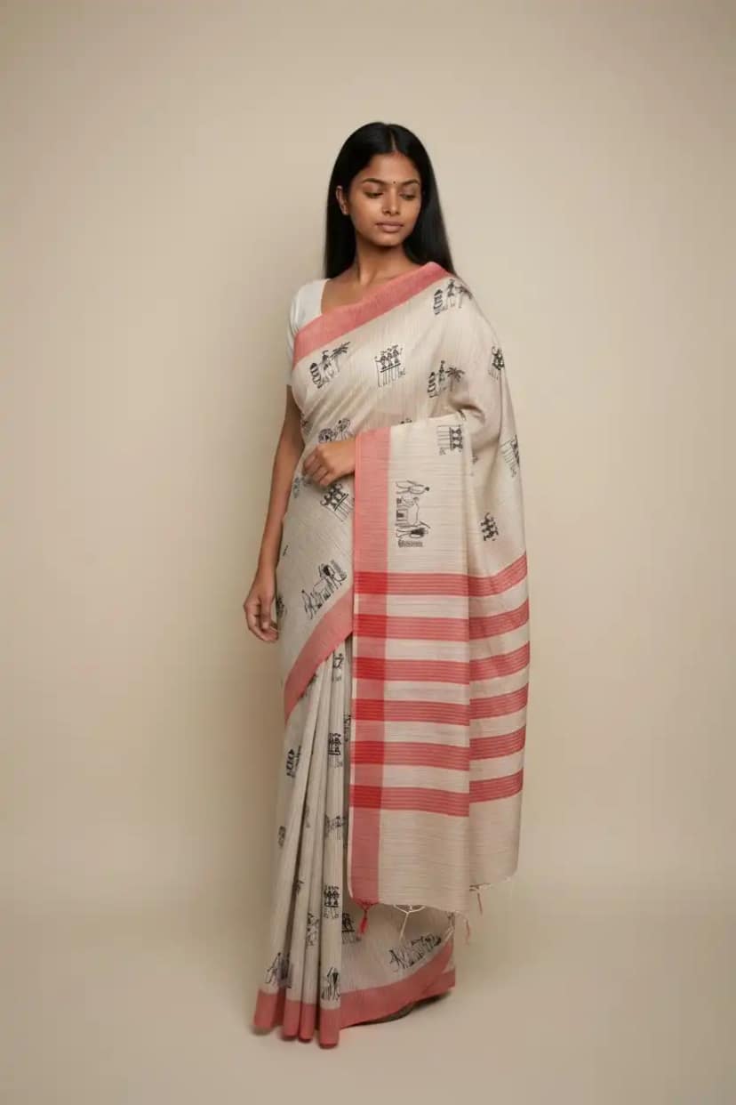 Handwoven Sambalpuri Baandha Ikat Cotton Saree in Ivory with Red Border view 3