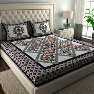 Lali Prints White Black Geometric Cotton 130 TC Queen Bedsheet With 2 Pillow Covers