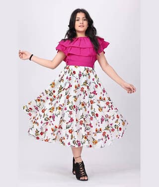Aarya Creation Crepe Fit And Flare Dress For Girls ( Pack of 1 , Pink )