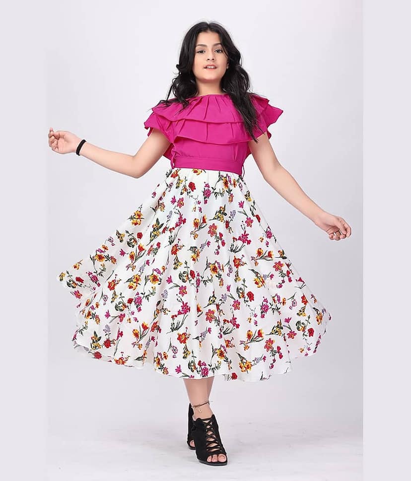 Aarya Creation Crepe Fit And Flare Dress For Girls ( Pack of 1 , Pink )