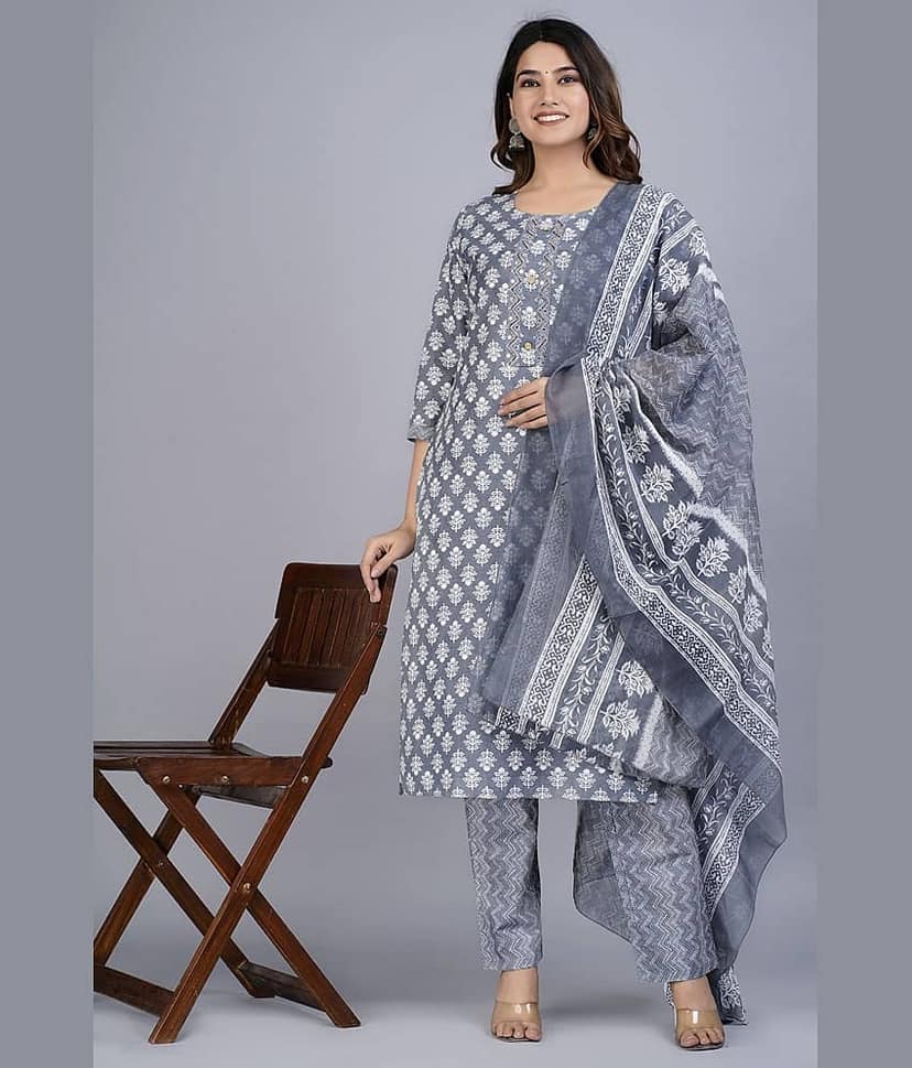 Mishree Collection - Grey Straight Cotton Women's Stitched Salwar Suit ( Pack of 1 )
