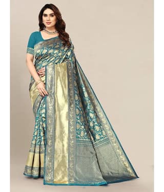 Om Shantam Sarees Banarasi Silk Embellished Saree With Unstitched Blouse Piece ( Multicolour )