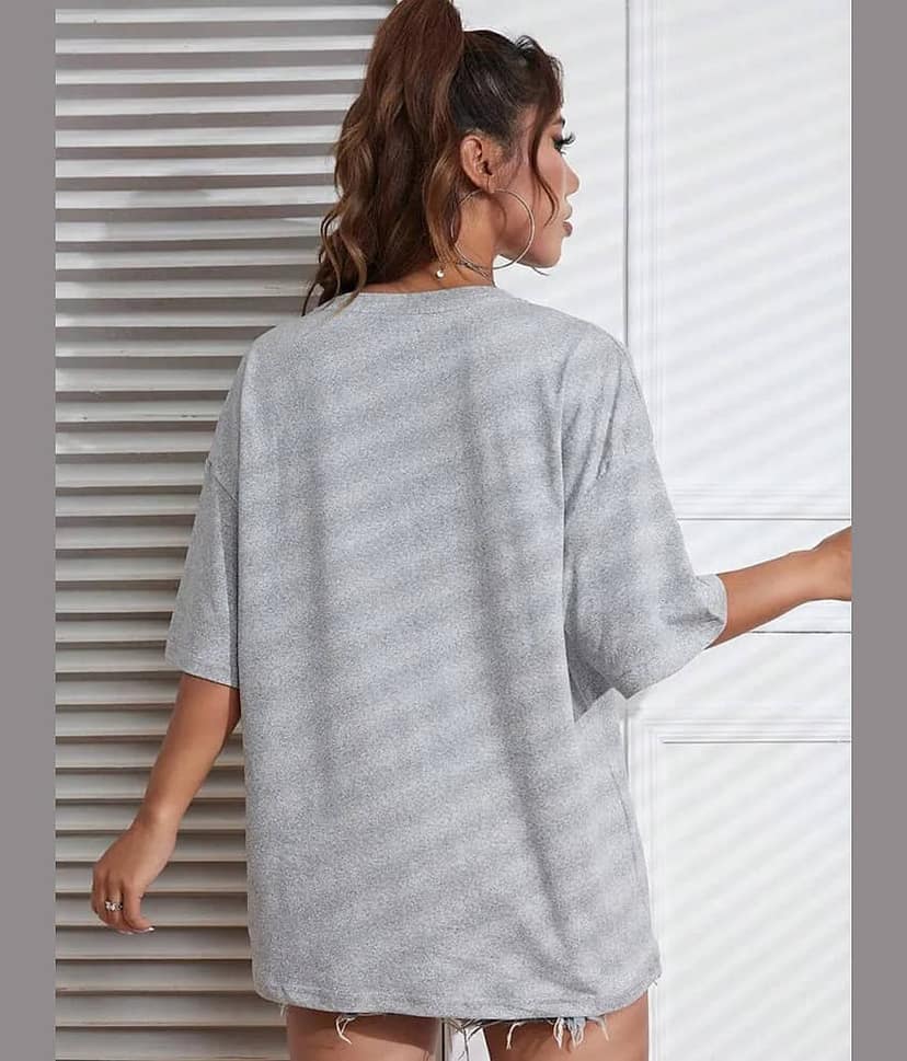 ELBATROSS Women Cotton Blend Printed Oversized Fit Round Neck T-Shirt ( Grey ) view 2
