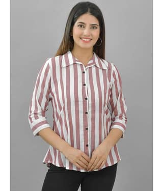 QuaClo Women Striped Cotton Shirt ( Maroon )